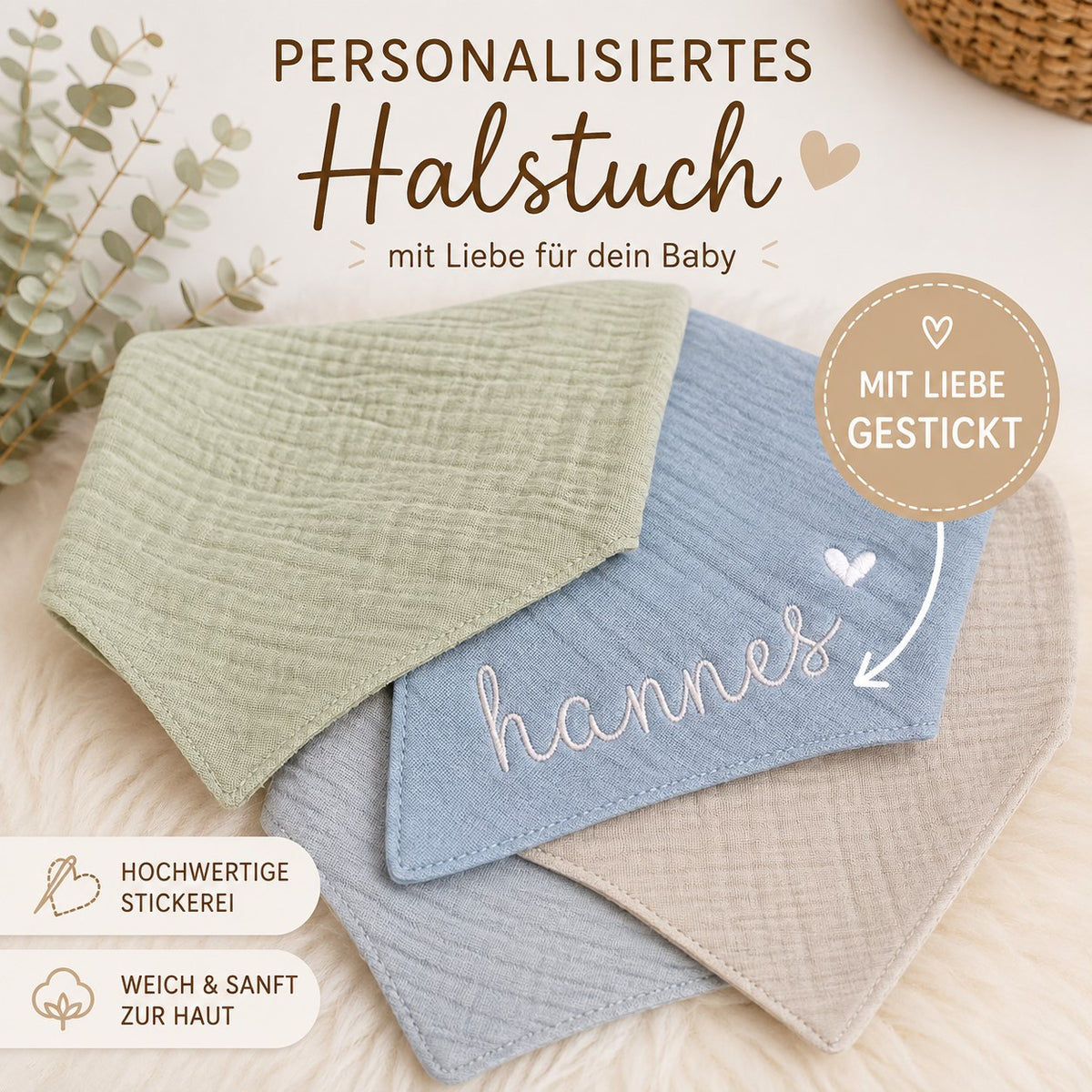 Personalisiertes Baby Halstuch mit Namen | Musselin Halstuch | Bestickt | Geschenk zur Geburt | verschiedene Farben