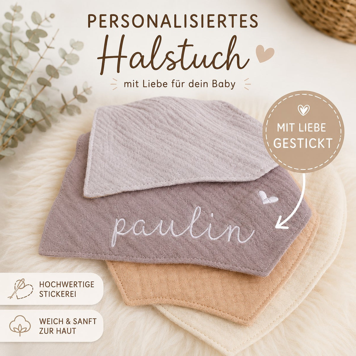 Personalisiertes Baby Halstuch mit Namen | Musselin Halstuch | Bestickt | Geschenk zur Geburt | verschiedene Farben