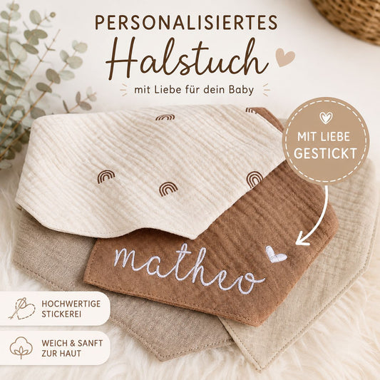Personalisiertes Baby Halstuch mit Namen | Musselin Halstuch | Bestickt | Geschenk zur Geburt | verschiedene Farben